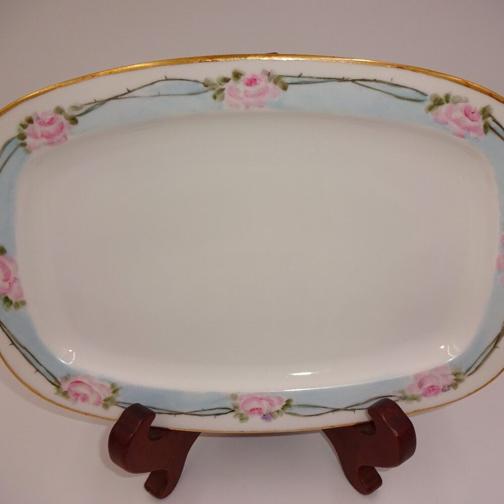 Vintage Eamag Bavaria Handpainted Platter White Blue Pink Roses Flowers 12"